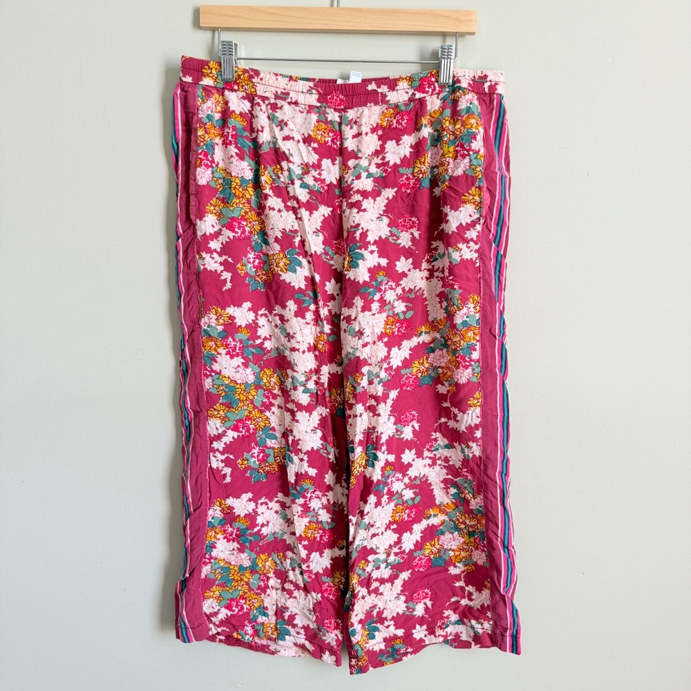 Anthropologie Ett:Twa Floral Stripe Pants Pink Wide Leg Cropped XL Womens Boho - Picture 3 of 6